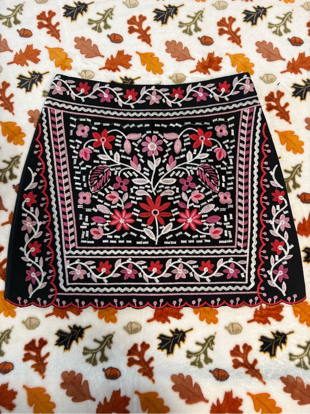 Francesca's Collections Black Skirt with Pink & Red Floral Embroidery